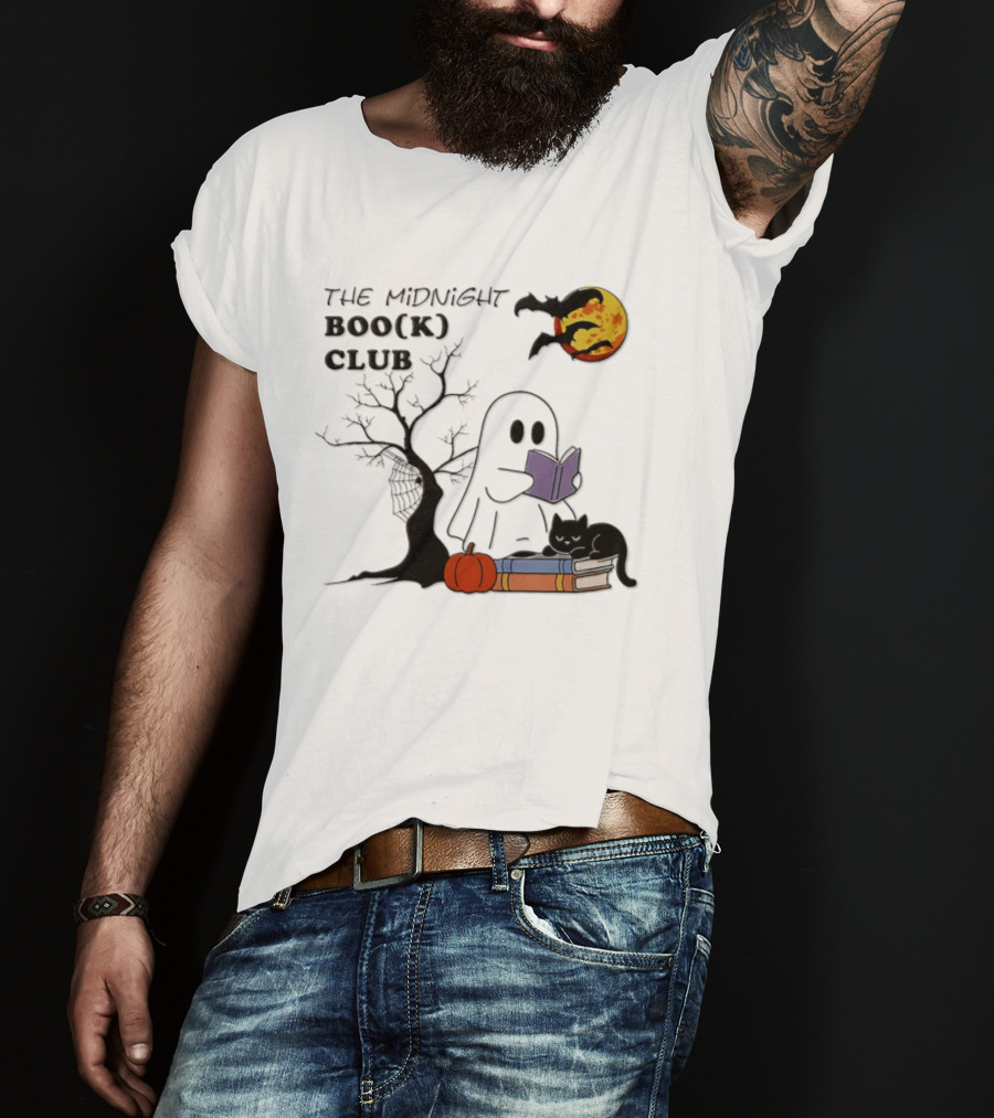 The Midnight Boo(k) Club Halloween Ghost Cat Pumpkin Moon T-Shirt