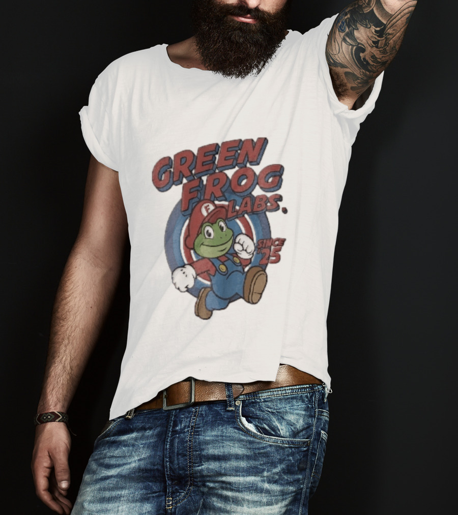 Green Frog Labs Since 25 Cartoon Running Red Cap Blue Overalls T-Shirt
