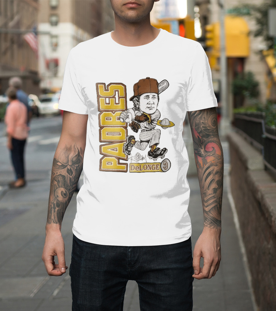 San Diego Padres DeLonge Cartoon Caricature Batter With Orbit Baseball T-Shirt