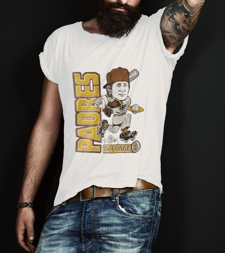 San Diego Padres DeLonge Cartoon Caricature Batter With Orbit Baseball T-Shirt
