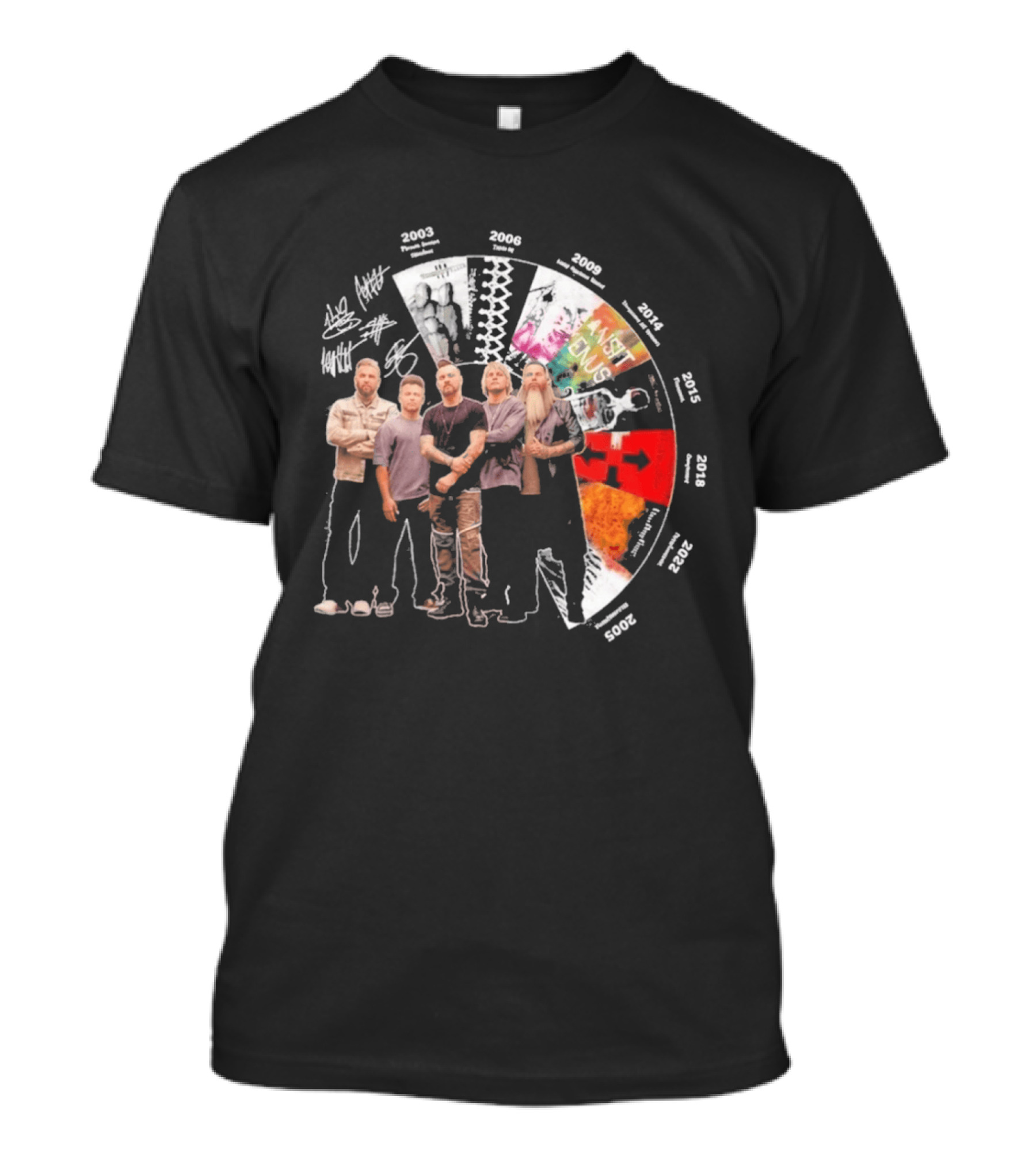 Three Days Grace Albums Timeline With Band Signatures And Discography Dates T-Shirt