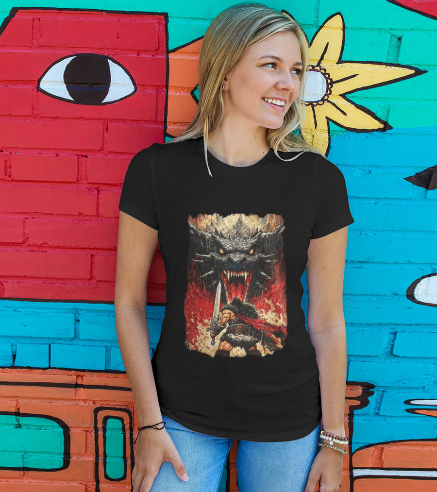 Barbarian Warrior Sword Battle Roaring Dragon Fiery Flames Art Ink Line T-Shirt