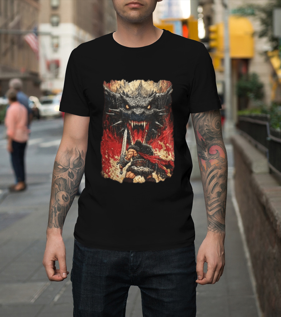 Barbarian Warrior Sword Battle Roaring Dragon Fiery Flames Art Ink Line T-Shirt