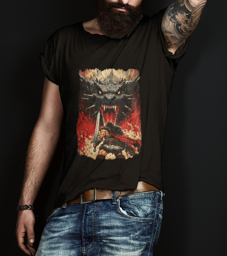 Barbarian Warrior Sword Battle Roaring Dragon Fiery Flames Art Ink Line T-Shirt
