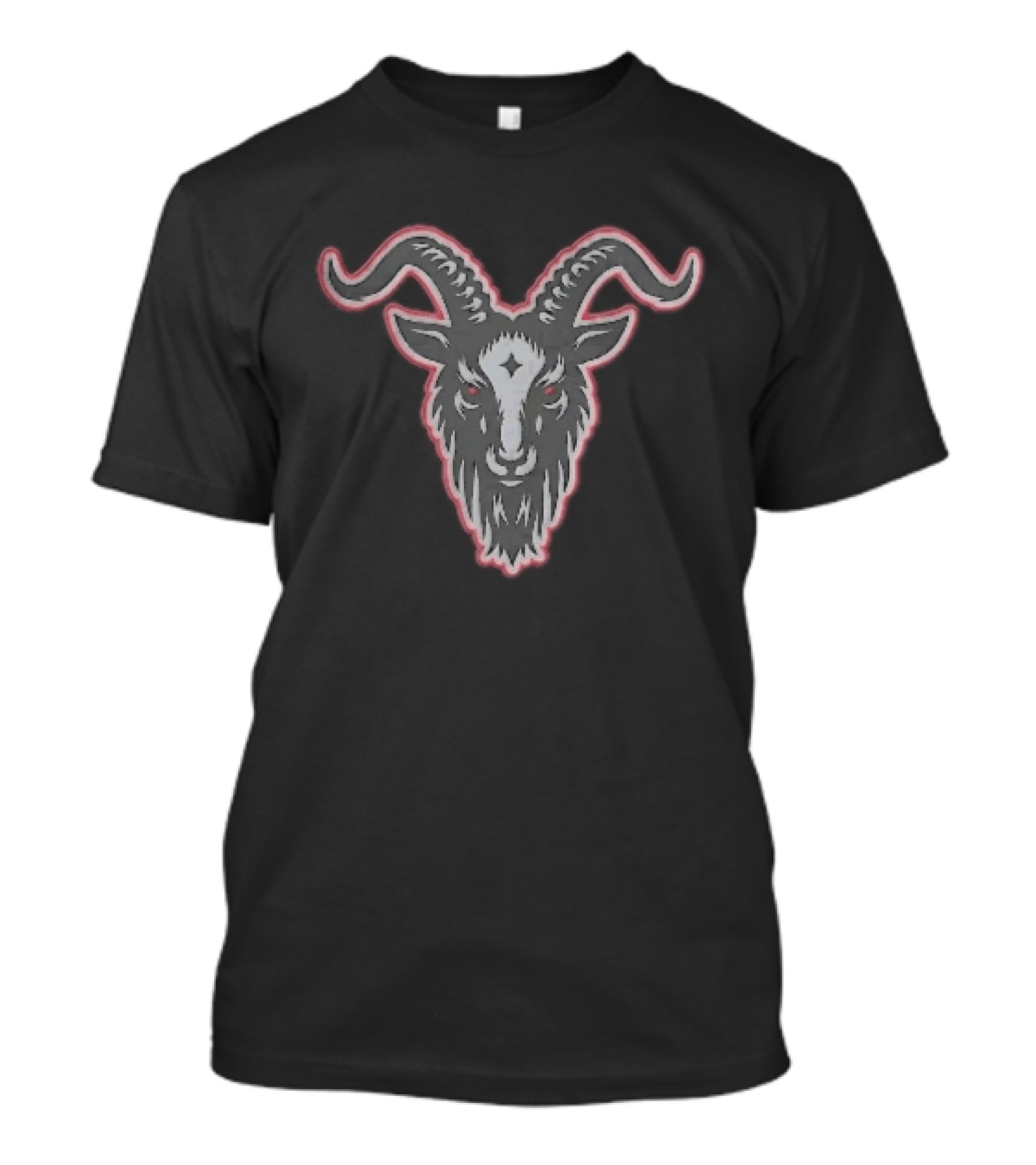 Black Goat Head Curved Horns Glowing Red Eyes Forehead Star Grey Beard Contour T-Shirt