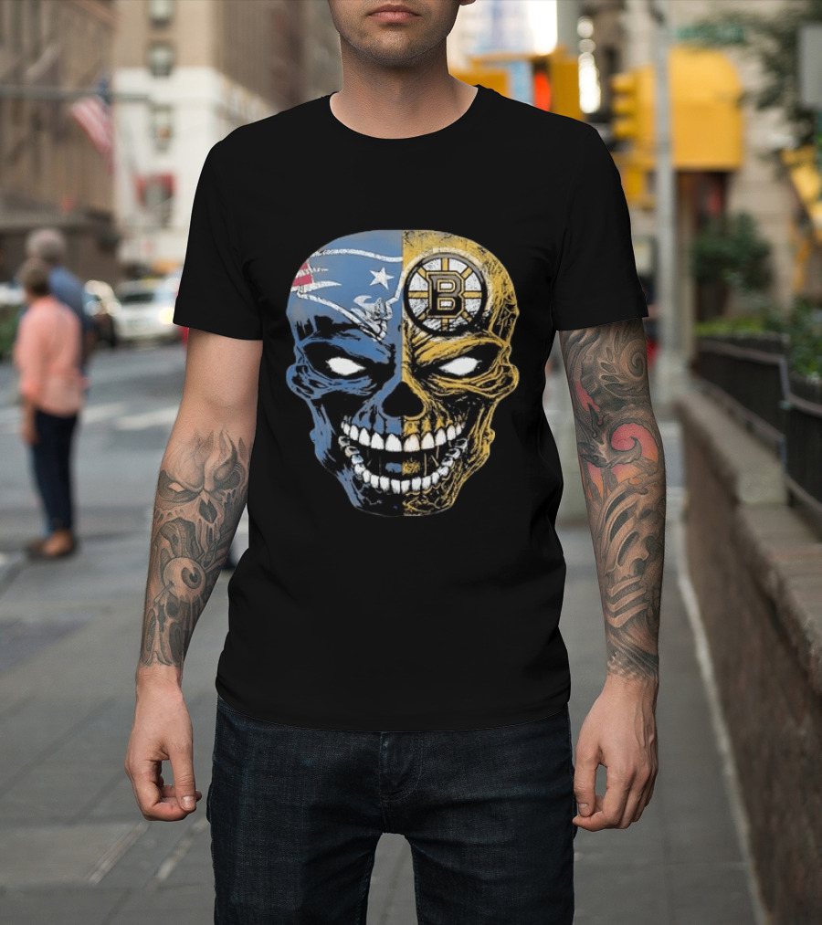 Boston Sports Skull New England Patriots Boston Bruins Fan Fusion T-Shirt