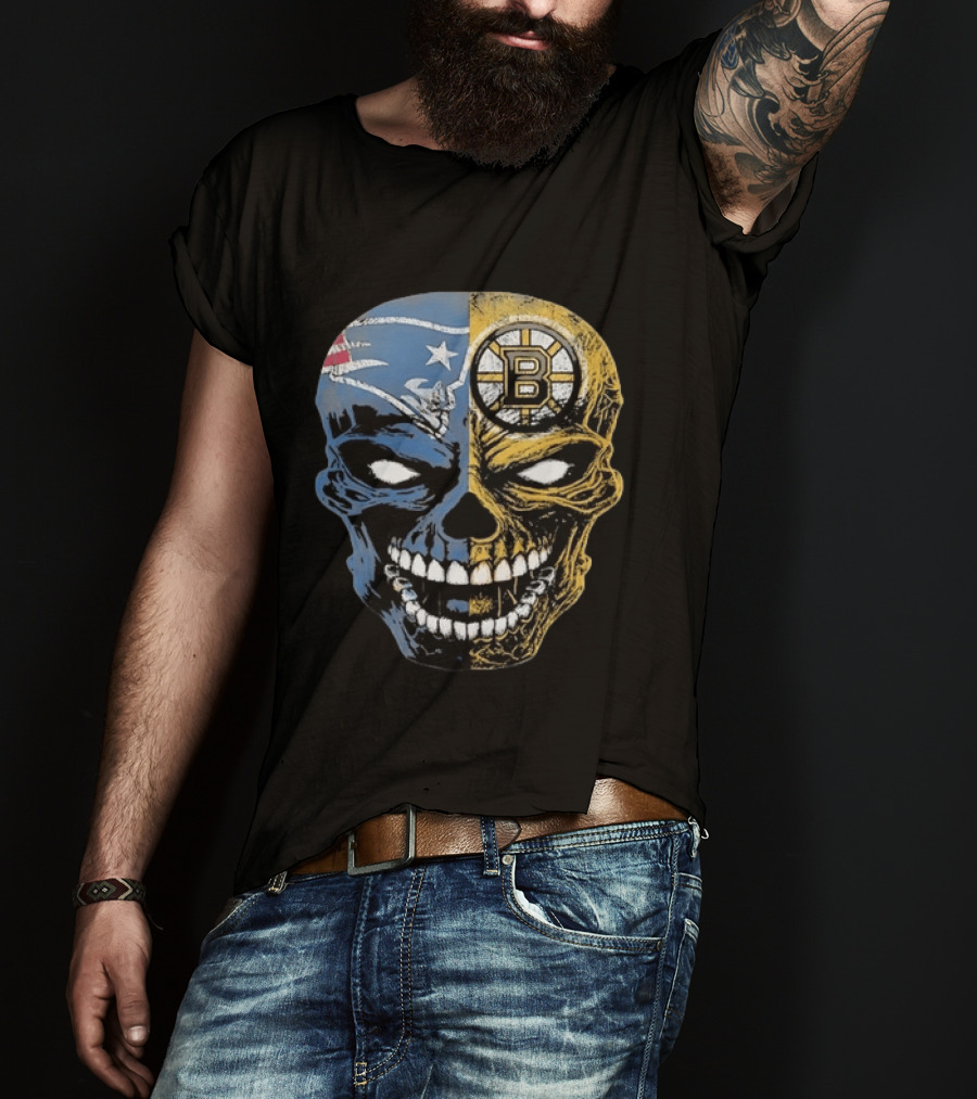Boston Sports Skull New England Patriots Boston Bruins Fan Fusion T-Shirt