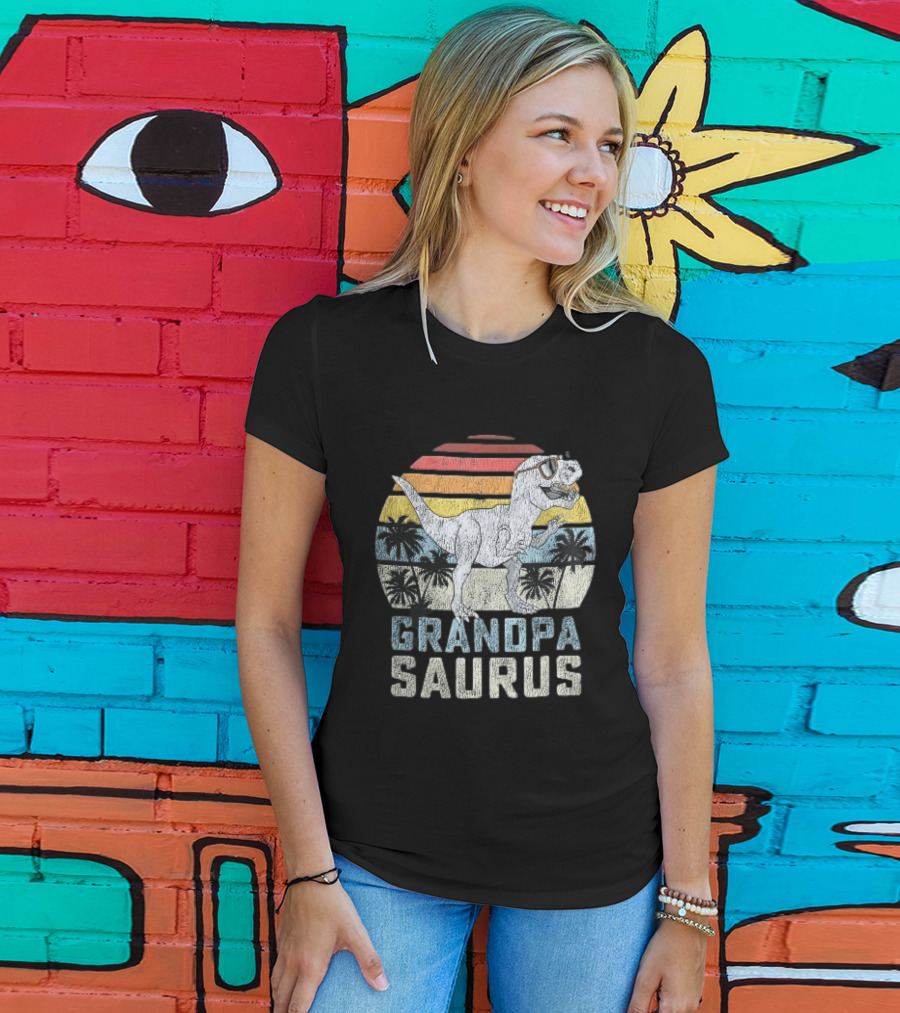 Grandpa Saurus Dinosaur Sunglasses Sunset Palms T-Shirt