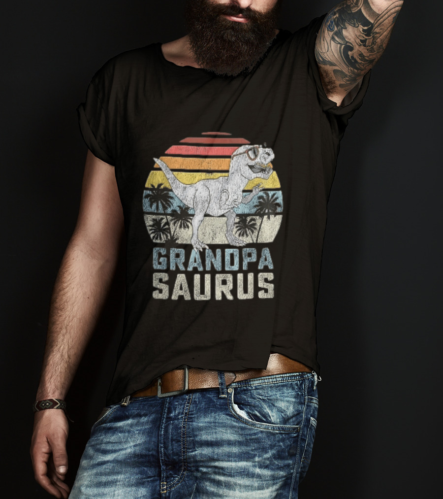 Grandpa Saurus Dinosaur Sunglasses Sunset Palms T-Shirt