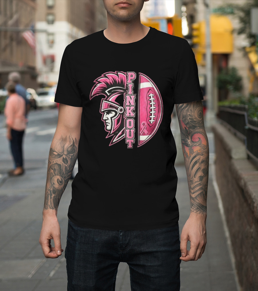 Maroa Forsyth Trojans Pink Out Football Helmet Breast Cancer Awareness Ribbon T-Shirt