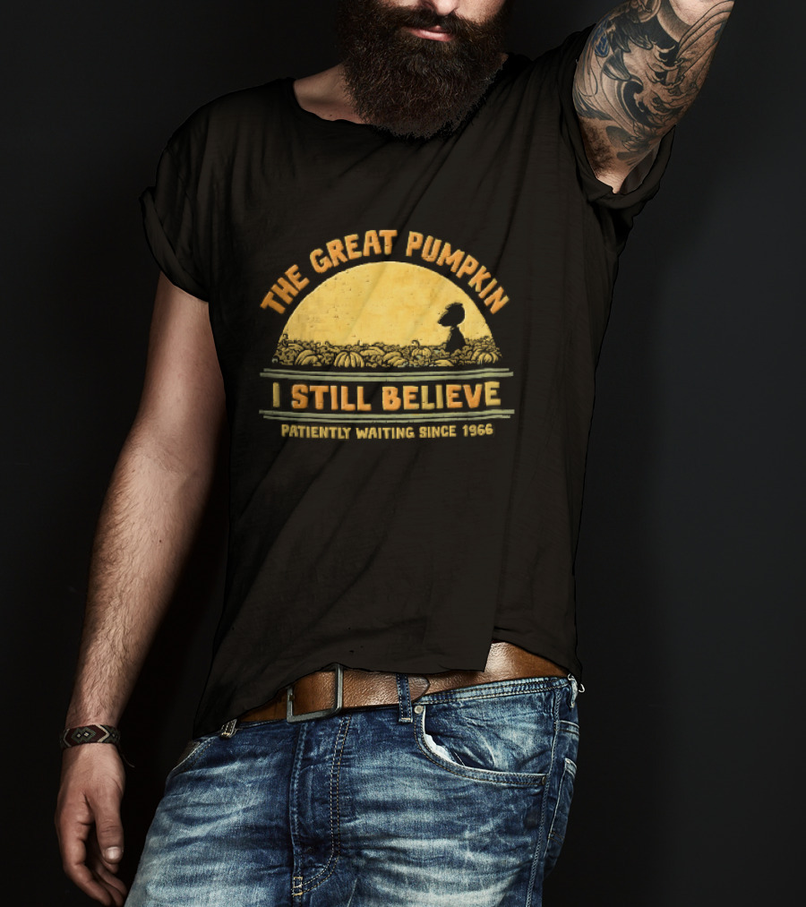 The Great Pumpkin I Still Believe Patiently Waiting Since 1966 Yellow Moon Snoopy Silhouette Distressed T-Shirt