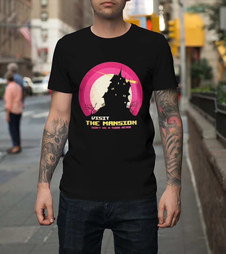 Visit The Mansion Don't Be A Tuna Head Pixel Spooky House Moon Skeleton Trees Yellow Meteor T-Shirt