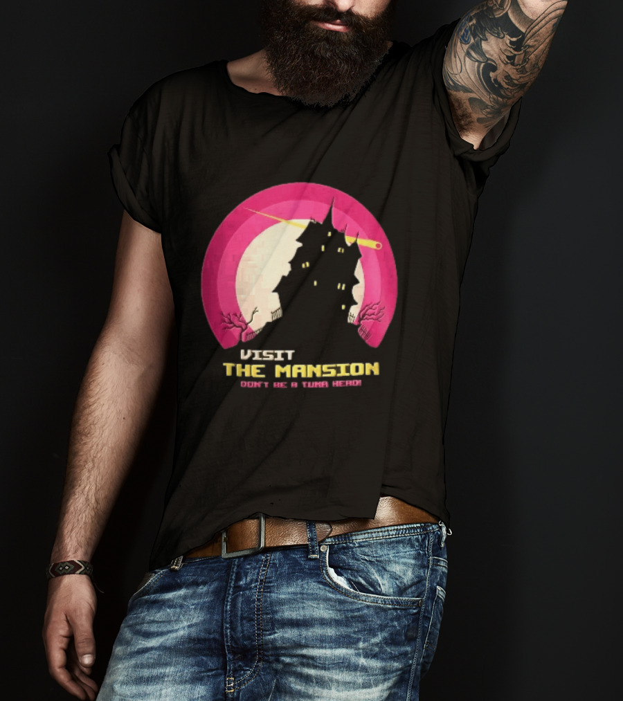 Visit The Mansion Don't Be A Tuna Head Pixel Spooky House Moon Skeleton Trees Yellow Meteor T-Shirt