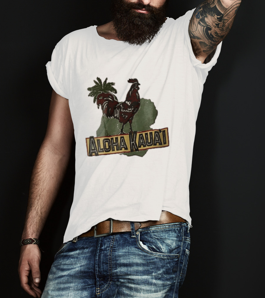 Aloha Kauai Red Rooster Palm Tree Island Map T-Shirt
