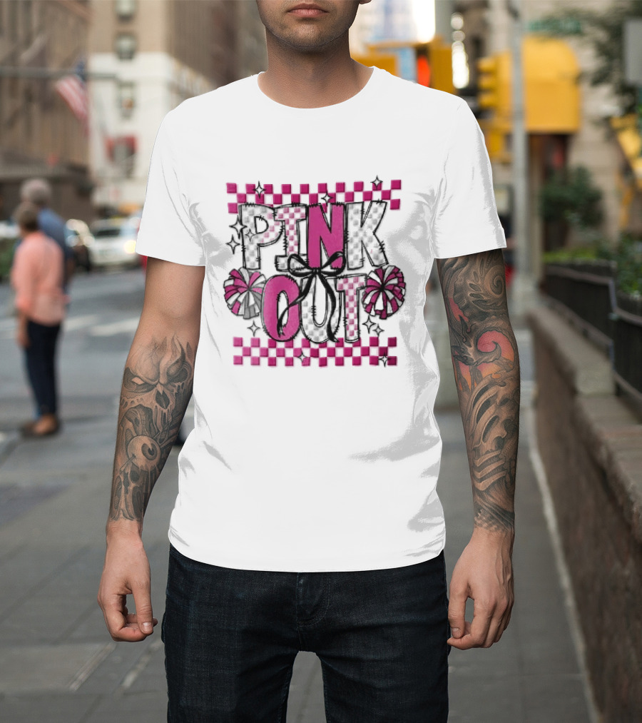Pink Out Checkerboard Cheerleader Pom Poms Black Ribbon Bow Sparkles T-Shirt
