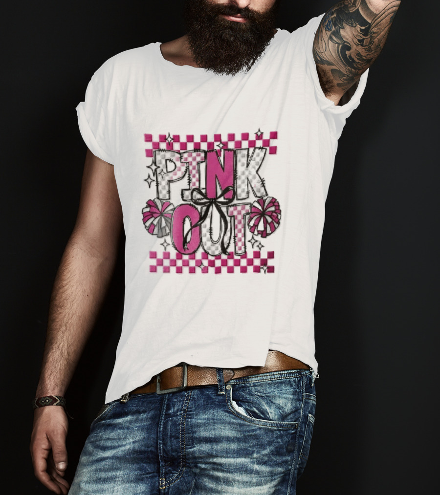 Pink Out Checkerboard Cheerleader Pom Poms Black Ribbon Bow Sparkles T-Shirt