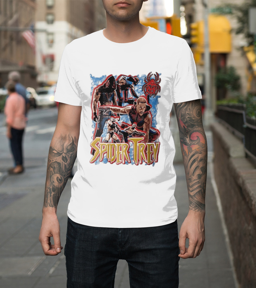 Spider Trey Professional Wrestler Action Collage With Blue Smoke And Red Spider T-Shirt