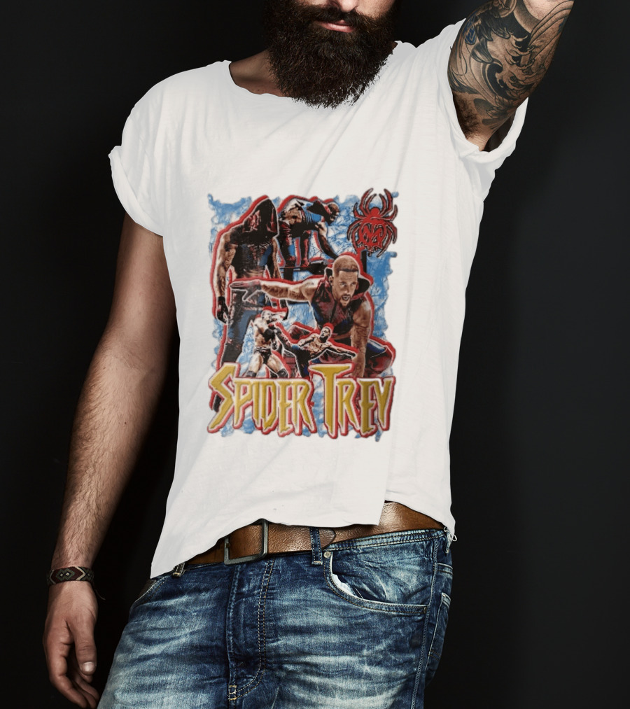 Spider Trey Professional Wrestler Action Collage With Blue Smoke And Red Spider T-Shirt