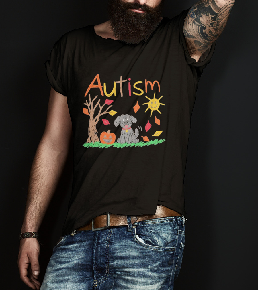 Autism Awareness Fall Puppy Pumpkin Autumn Leaves Sun Drawing T-Shirt