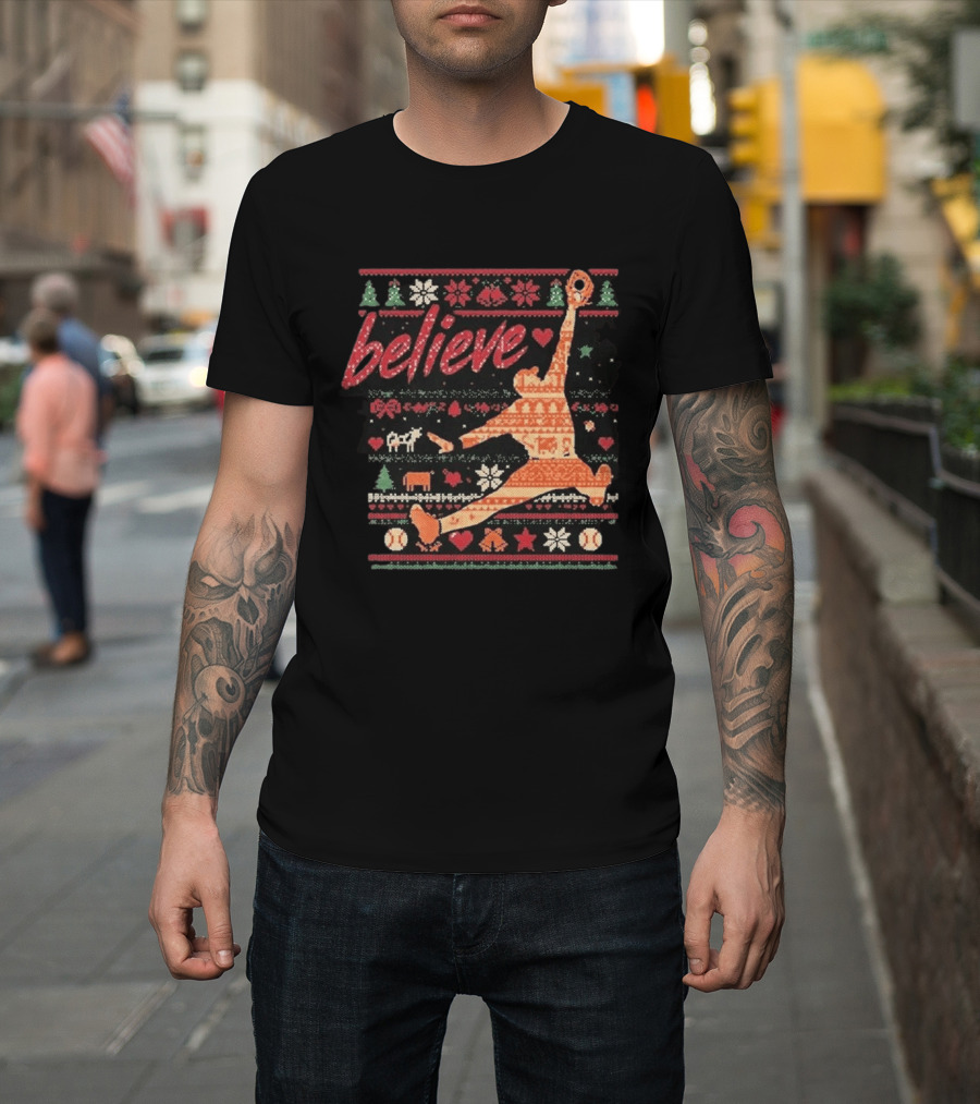 Believe Orioles Air Cowser Ugly Christmas Festive Sweater Baseball Catch T-Shirt