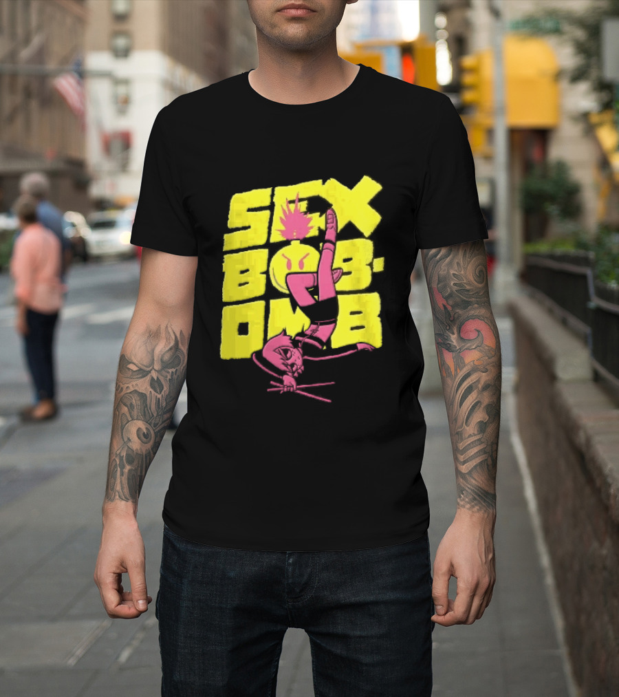 Sex Bob Omb Inverted Pink Cartoon Drummer With Drumsticks Bold Yellow T-Shirt