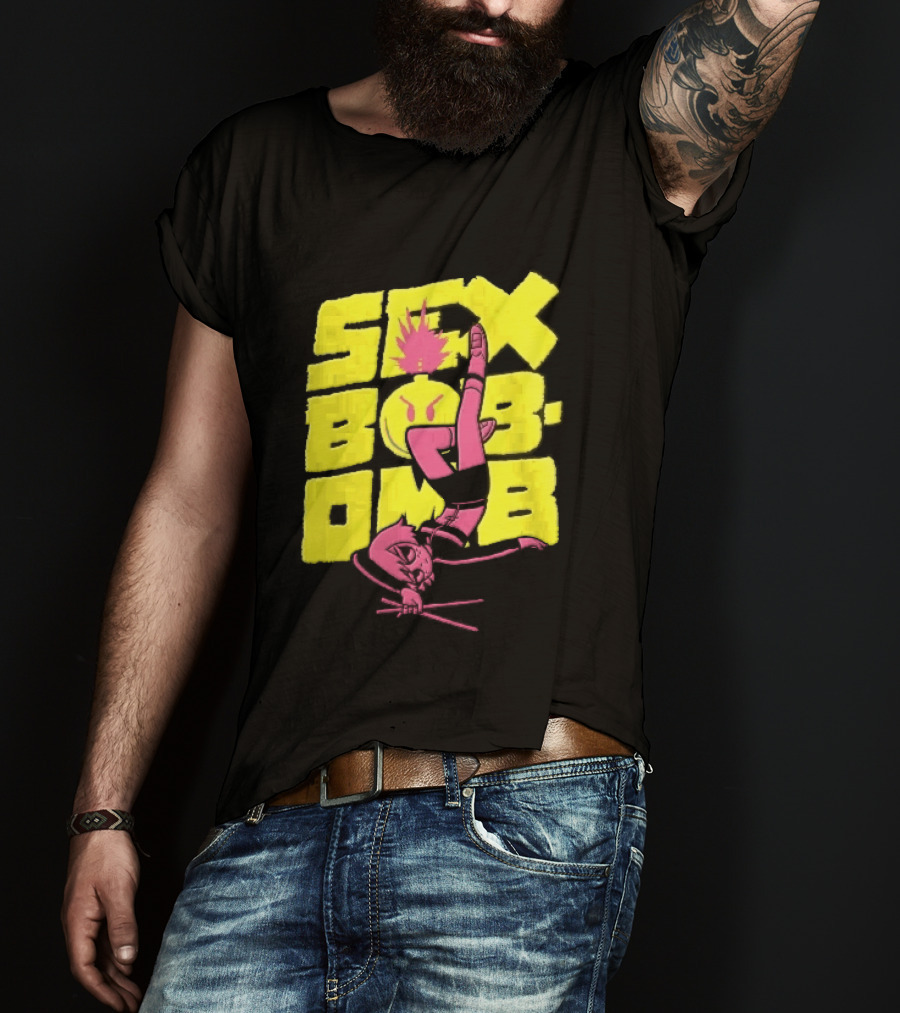 Sex Bob Omb Inverted Pink Cartoon Drummer With Drumsticks Bold Yellow T-Shirt