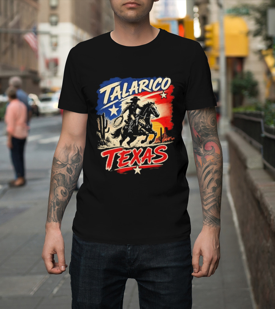 Talarico Texas Cowboy Riding Silhouette With Lone Star And Cactus T-Shirt