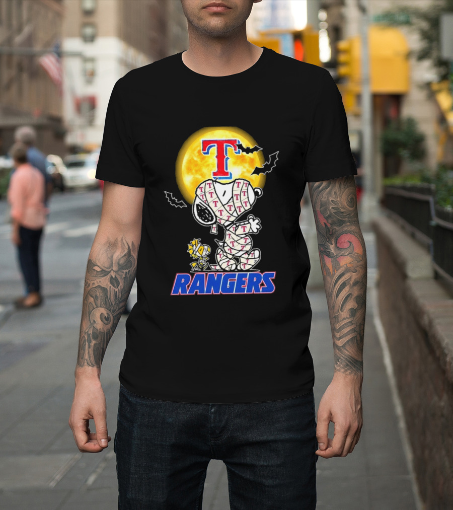 Texas Rangers Snoopy Woodstock Mummy Halloween Collaboration T-Shirt
