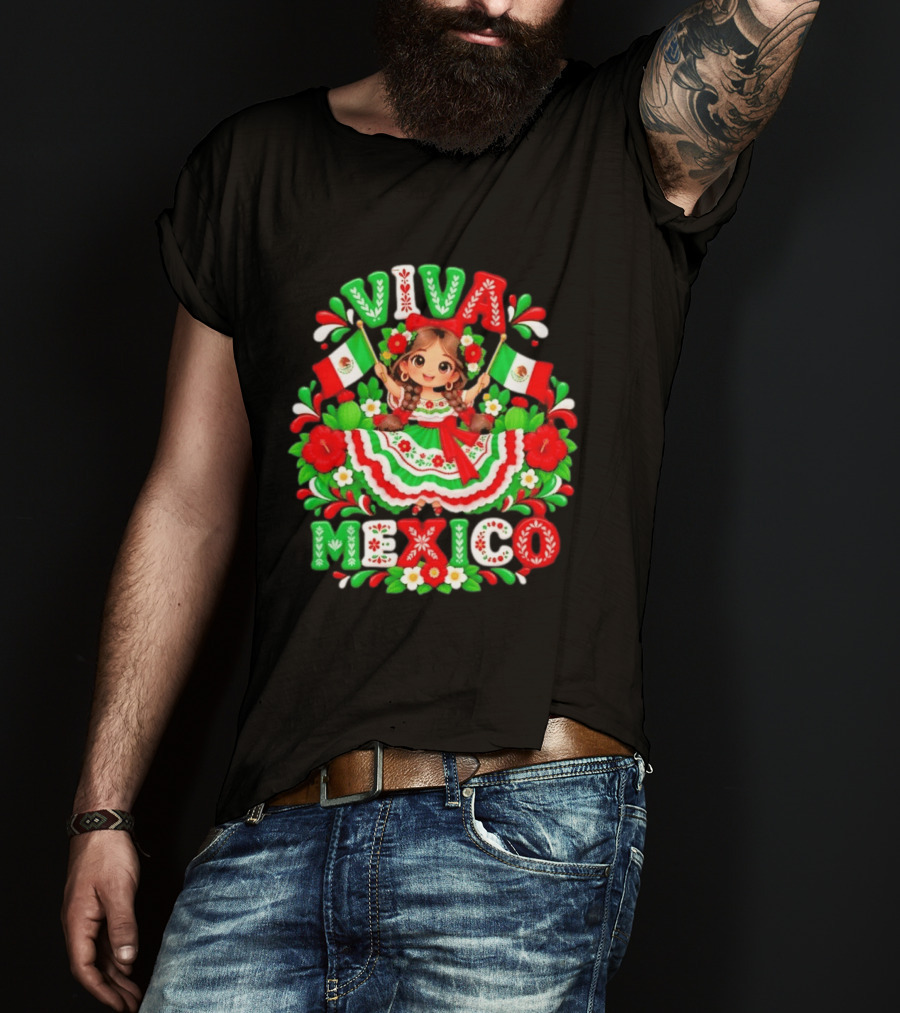 Viva Mexico Girl Festive Mexican Flags Floral Celebration T-Shirt