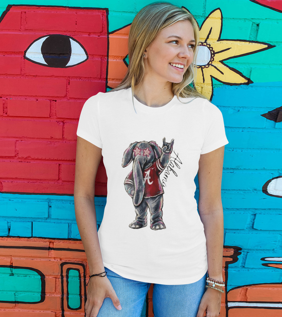 Alabama Crimson Tide Elephant Pink Star Glasses Hand Sign Sketch T-Shirt