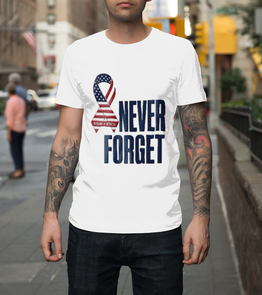 Never Forget 9/11 American Flag Awareness Ribbon T-Shirt