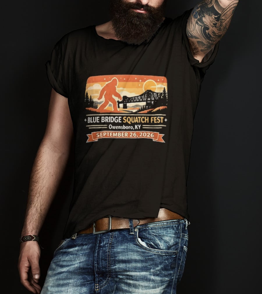 Blue Bridge Squatch Fest Owensboro KY Sasquatch River Sunset September 26 2026 T-Shirt