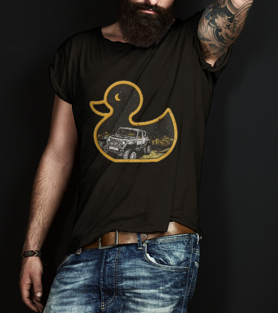 Distressed Yellow Duck Jeep Mountains Night Sky Crescent Moon T-Shirt