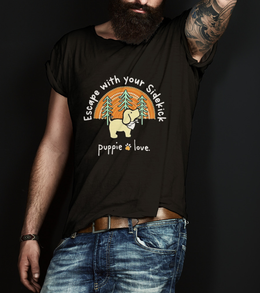 Puppie Love Escape With Your Sidekick Forest Adventure Vintage Sunset T-Shirt