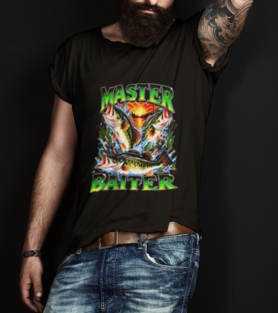 Master Baiter Fishing Large Mouth Bass Sunset Scene T-Shirt
