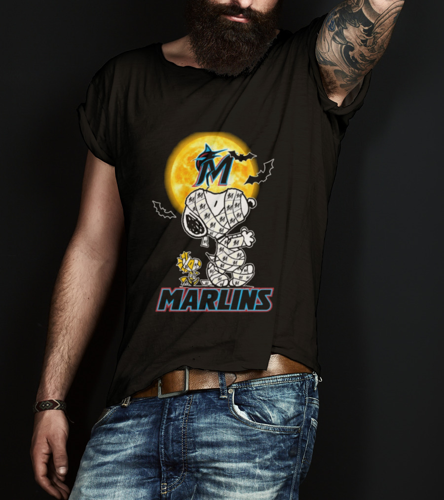 Miami Marlins Snoopy Woodstock Mummy Halloween Moon T-Shirt