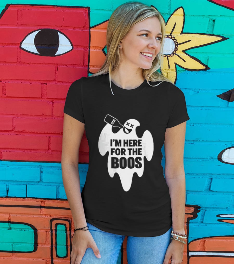 I'm Here For The Boos Cartoon Ghost Drinking Alcohol Bottle T-Shirt