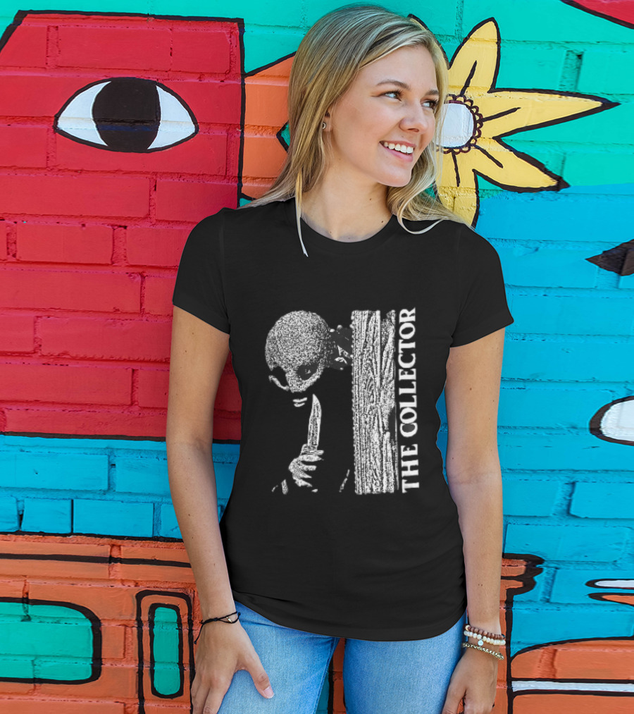 The Collector Masked Figure Knife Wooden Door Peeking Halftone T-Shirt