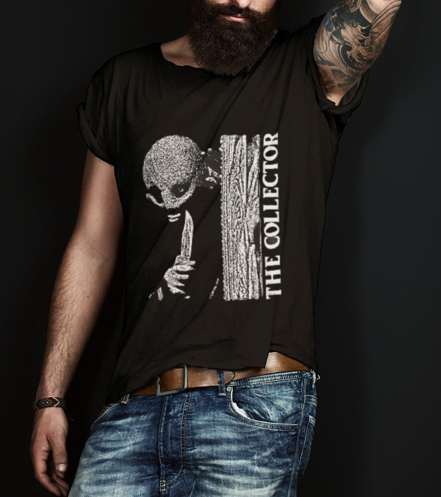 The Collector Masked Figure Knife Wooden Door Peeking Halftone T-Shirt