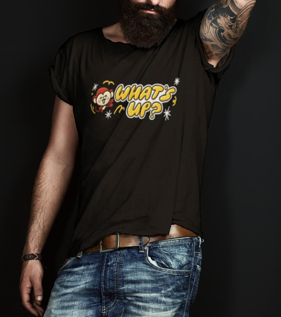 What's Up Cartoon Monkey Waving White Sparkles Squiggles T-Shirt