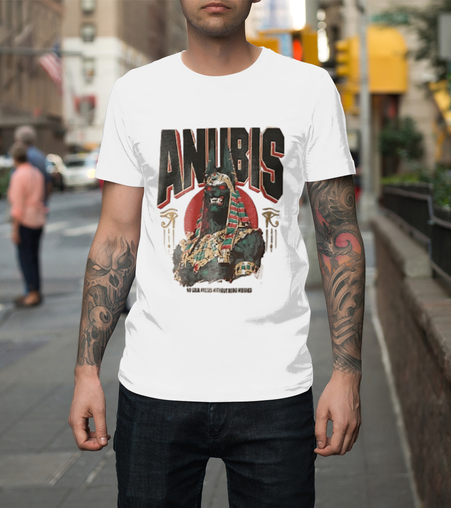 Anubis Jackal Headed Egyptian God Distressed No Soul Passes Without Being Weighed Sun T-Shirt