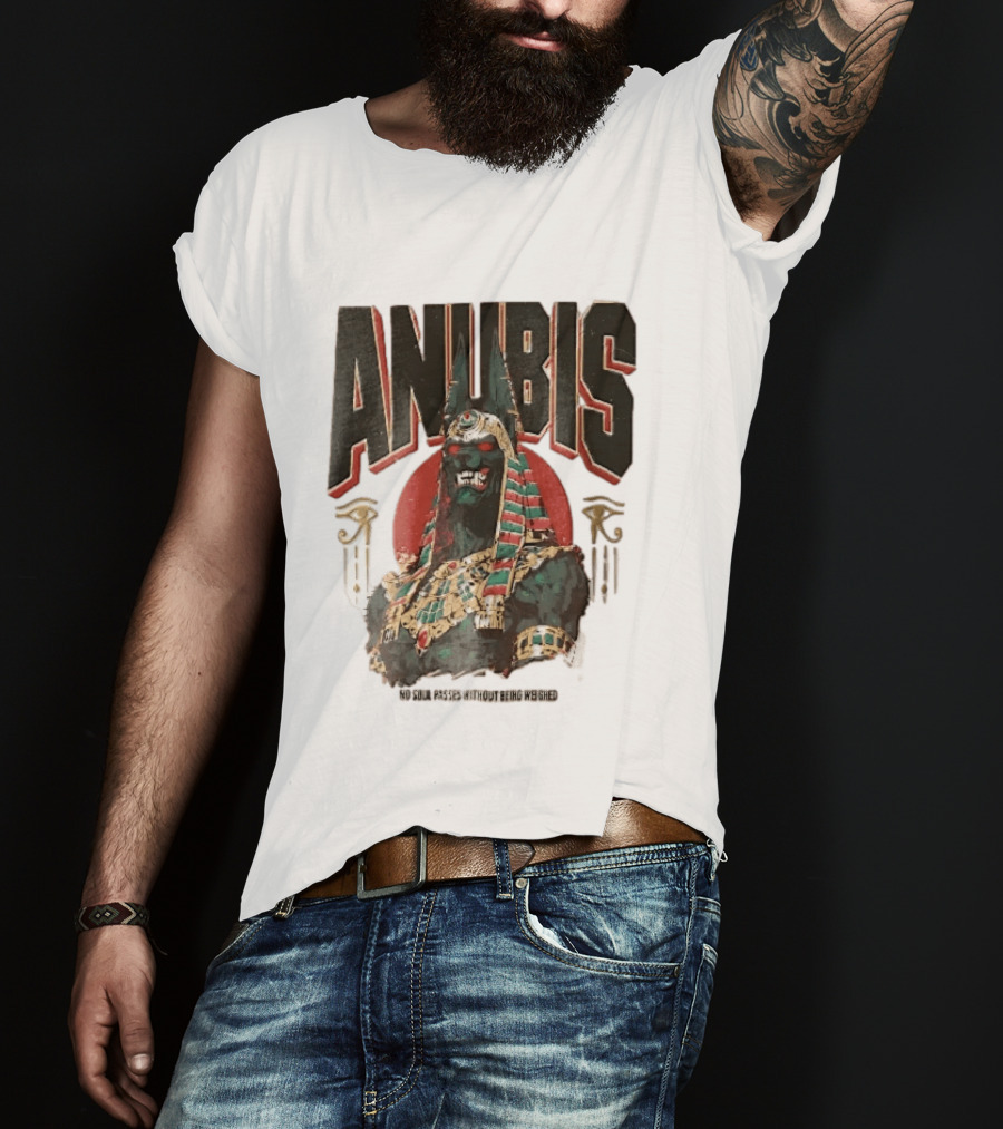 Anubis Jackal Headed Egyptian God Distressed No Soul Passes Without Being Weighed Sun T-Shirt