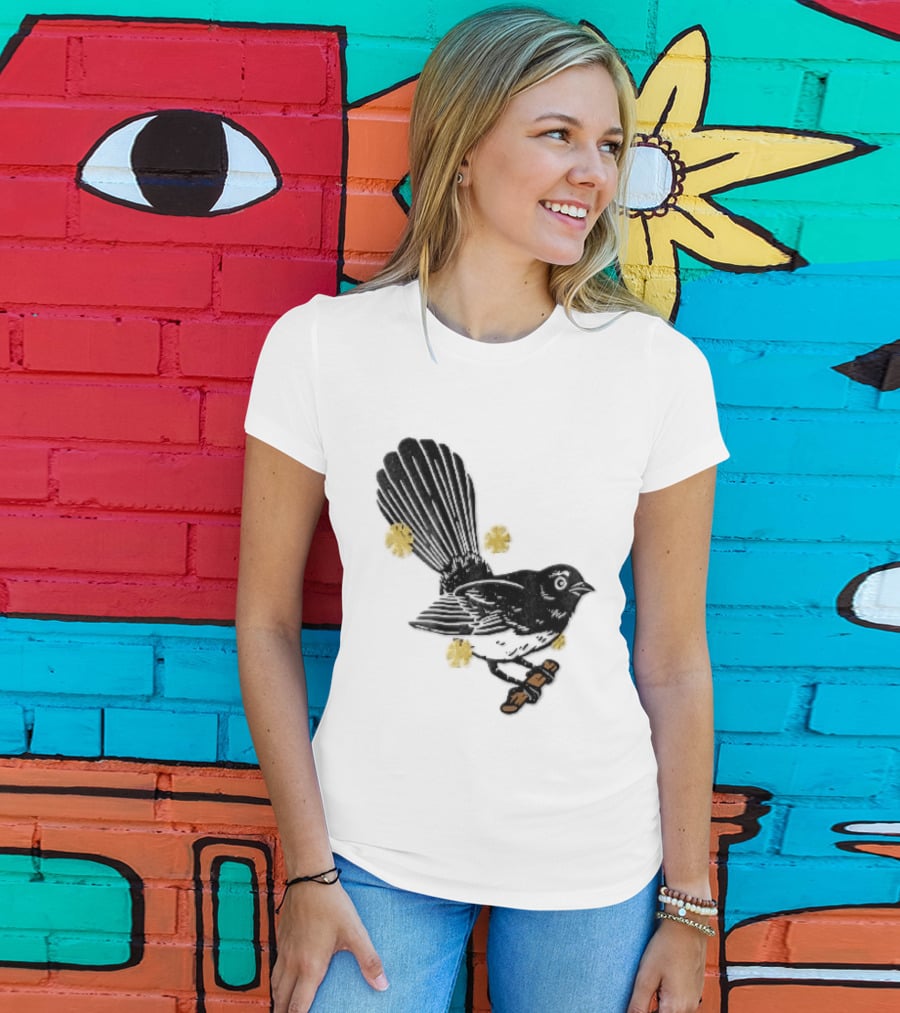 Black White Linocut Fantail Bird Branch Yellow Flowers T-Shirt