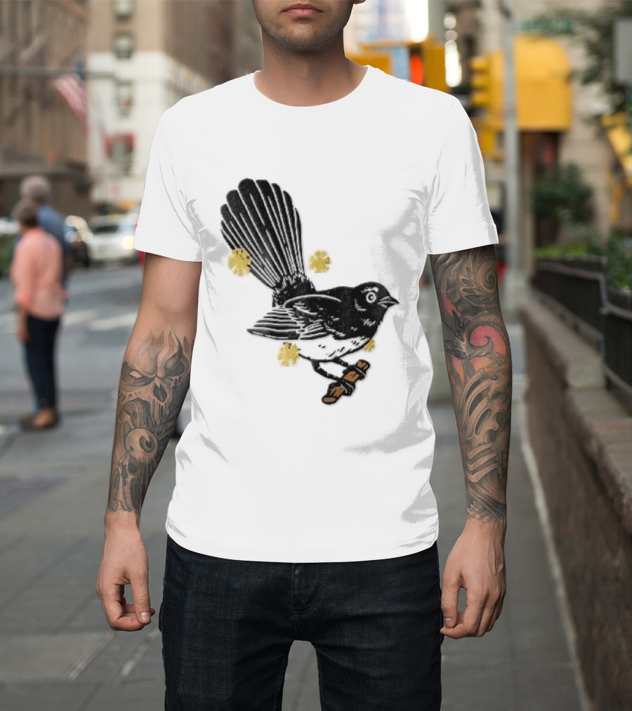 Black White Linocut Fantail Bird Branch Yellow Flowers T-Shirt