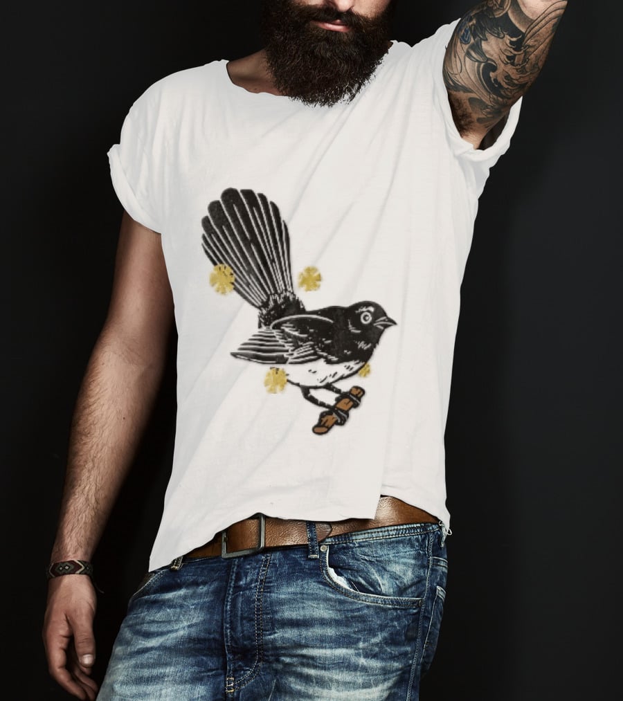 Black White Linocut Fantail Bird Branch Yellow Flowers T-Shirt