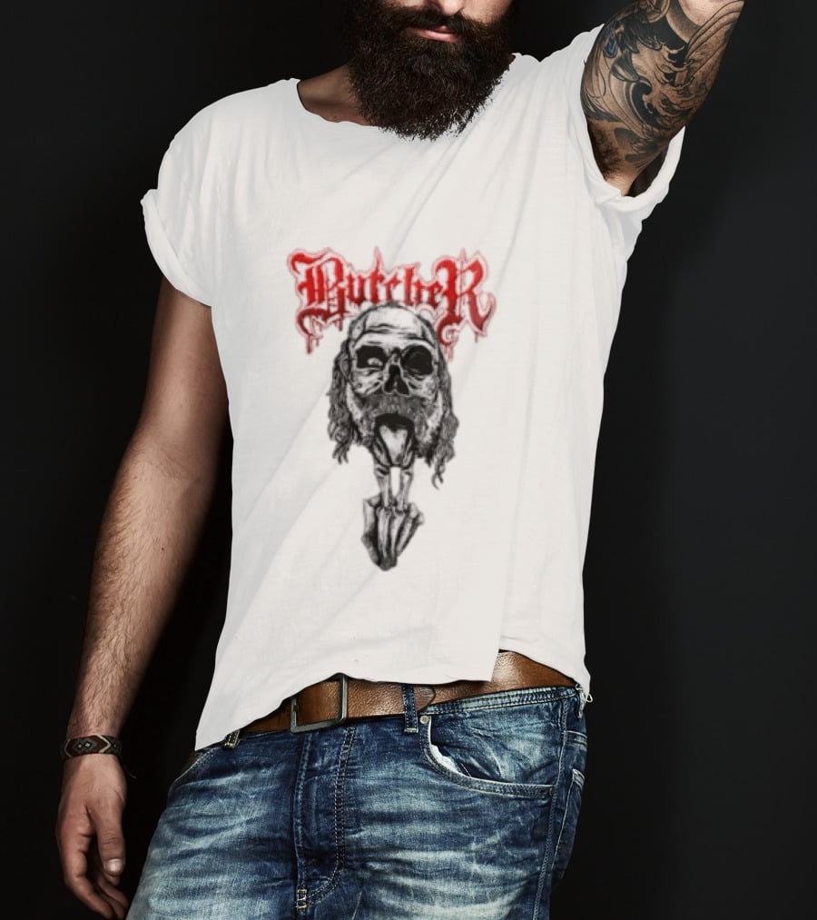 Butcher Skull With Gothic Red Text And Grim T-Shirt