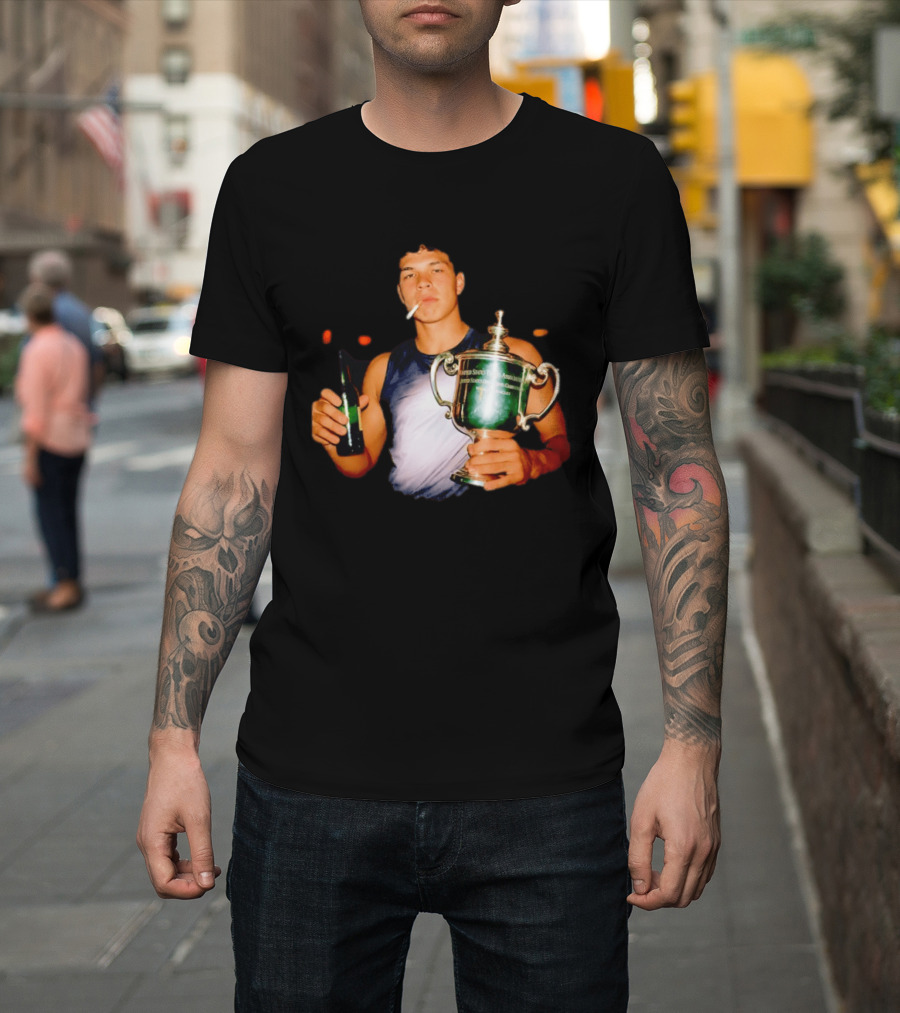 Ben Shelton Celebrating Victory With Beer And Trophy T-Shirt