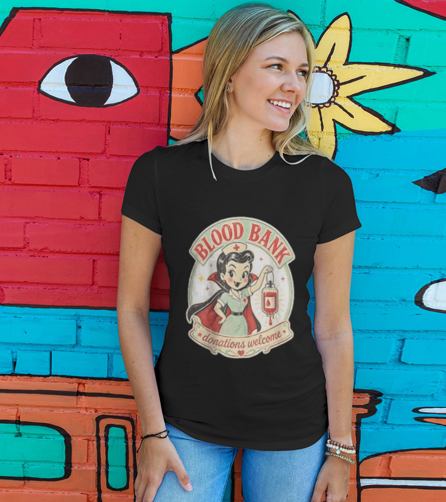 Blood Bank Donations Welcome Vampire Nurse Retro Cartoon T-Shirt