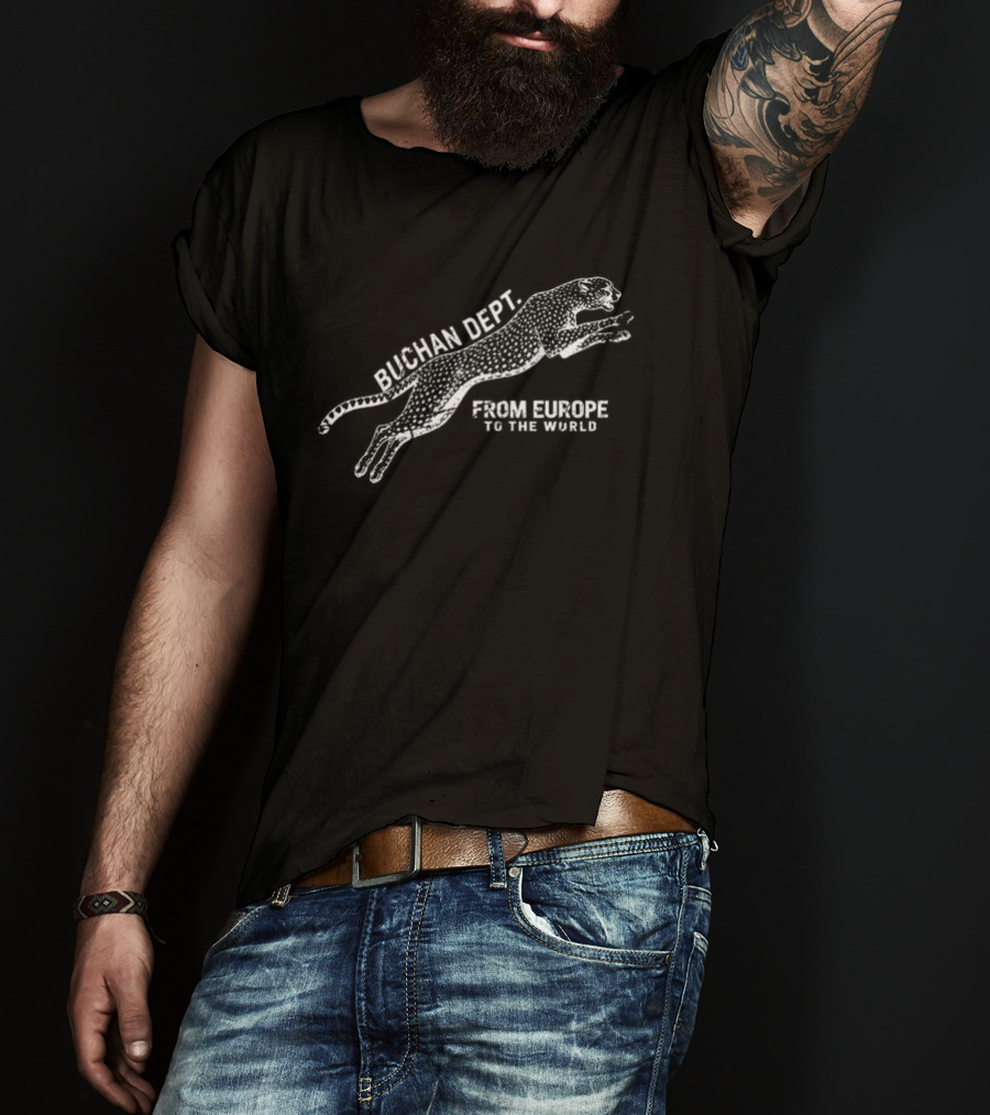 Buchan Store Cheetah Dept Black From Europe To The World T-Shirt