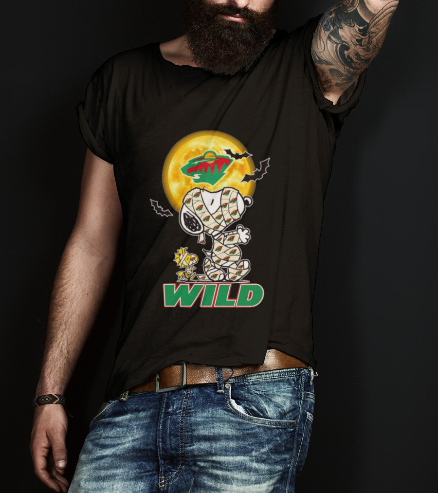 Minnesota Wild Snoopy Woodstock Mummy Halloween Moon Bats T-Shirt